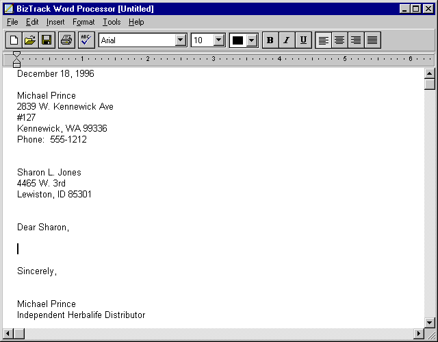 BizTrack's built-in word processor showing a demo letter dated December 18, 1996, addressed from Michael Prince in Kennewick, WA.