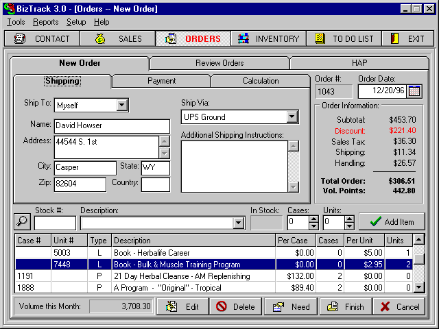 BizTrack 3.0 on Windows 95: the Orders tab mid-entry on an order dated December 20, 1996, with Contact, Sales, Orders, Inventory and To Do List tabs.