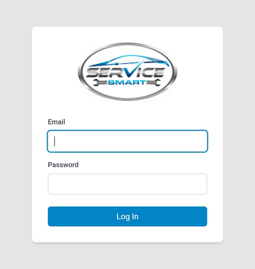 ServiceSmart production login page: the ServiceSmart logo above email and password fields and a Log In button.